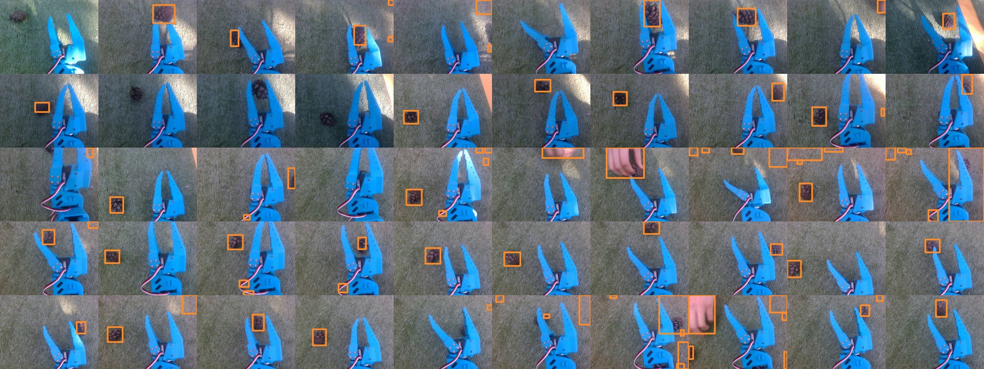 First frame of all 50 recorded grabs with the team threshold detections boxed in orange